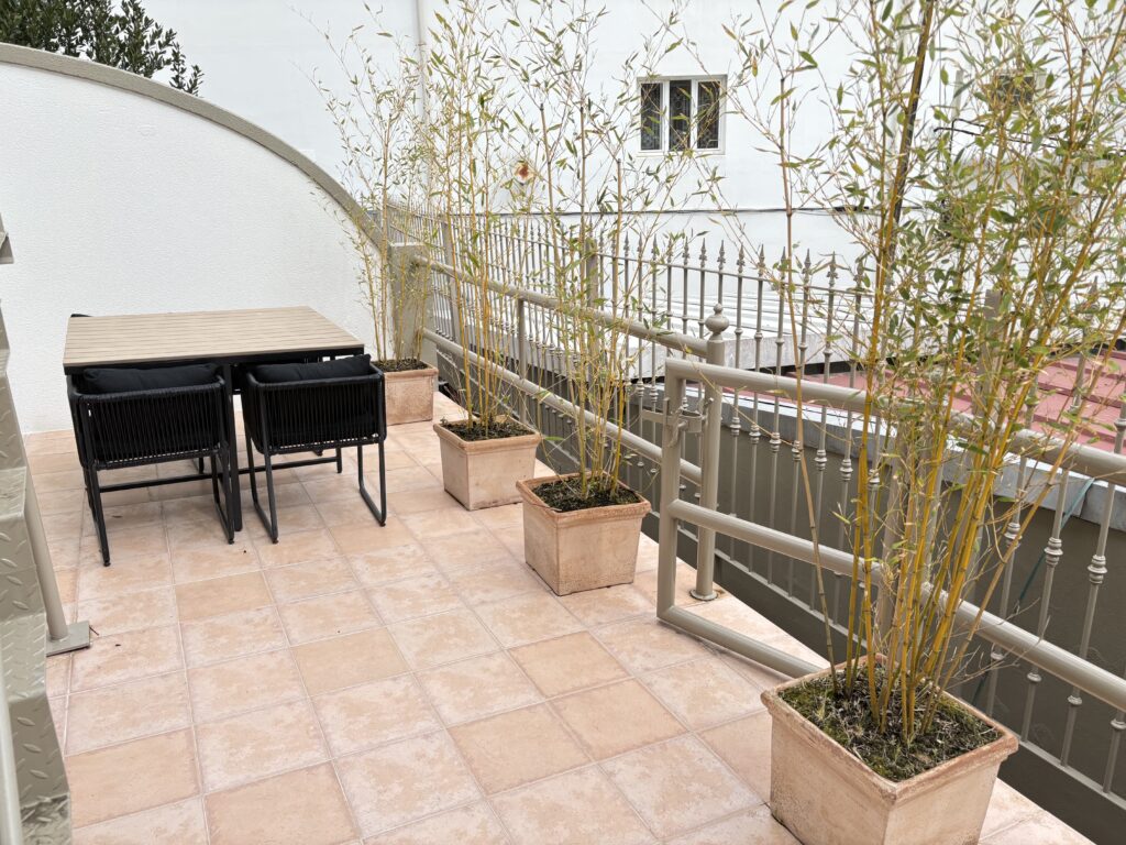 Terraza con mesa, sillas y macetas de bambú junto a la barandilla