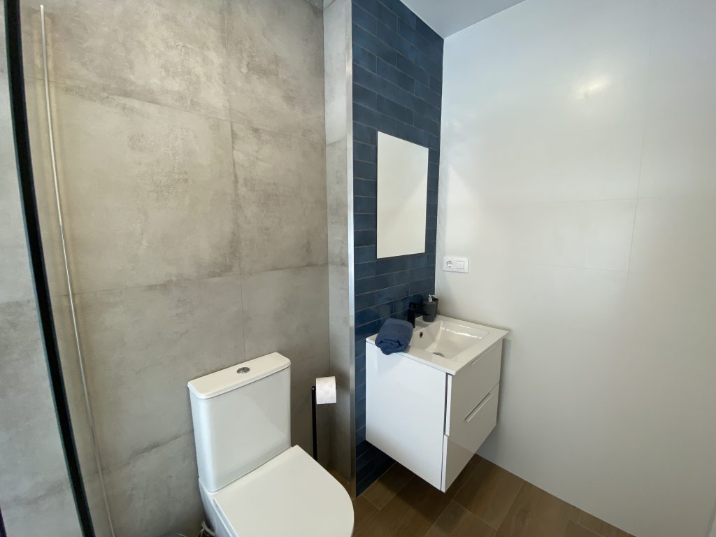 Baño con inodoro, mueble lavabo y pared en azul
