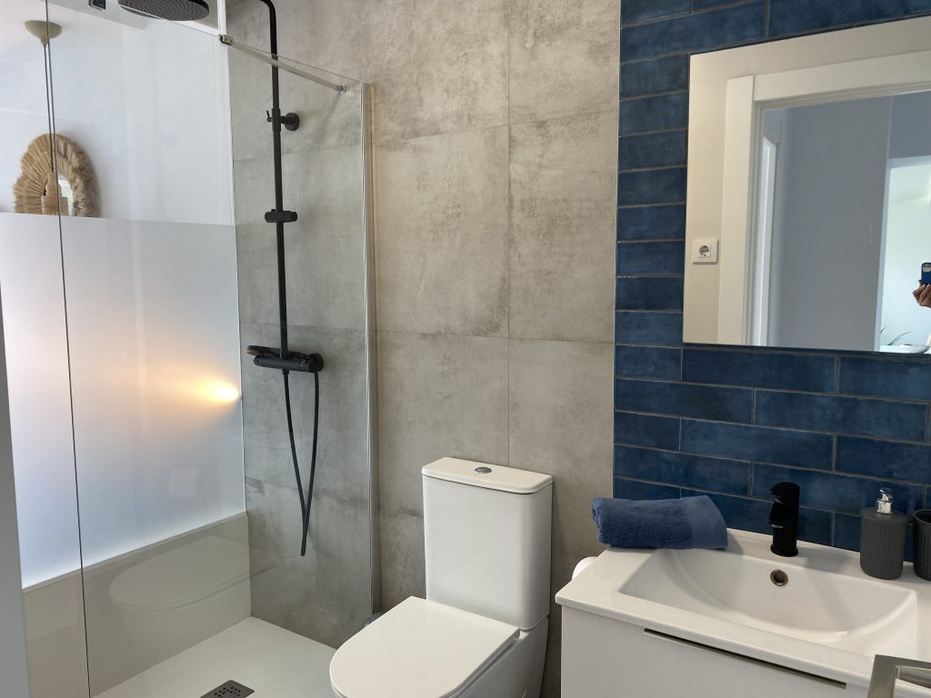 Baño con ducha, inodoro, lavabo y azulejo azul